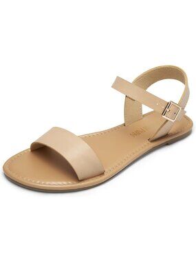Women's Nude Summer Ankle Strap Open Toes One Band Buckle Non-Slip Flat Sandals